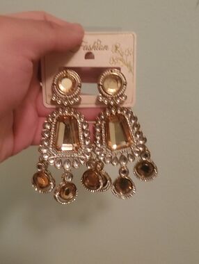 Gold-Tone Amber Crystal Statement Earrings -